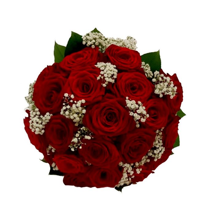 Brudebuket af røde roser med brudeslør