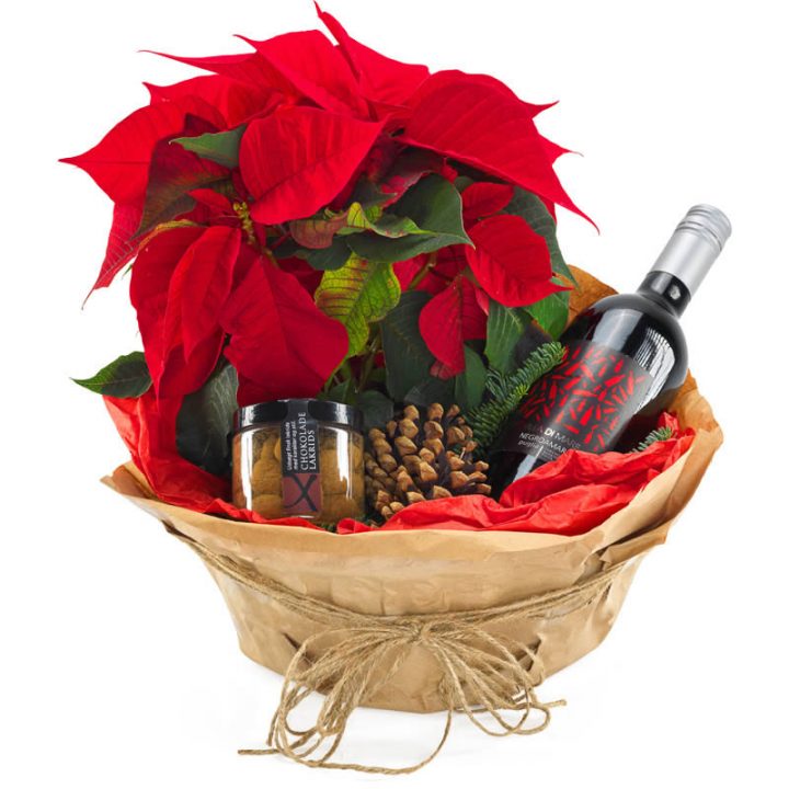 Julegodten, en pakke med blomst vin og chokolade