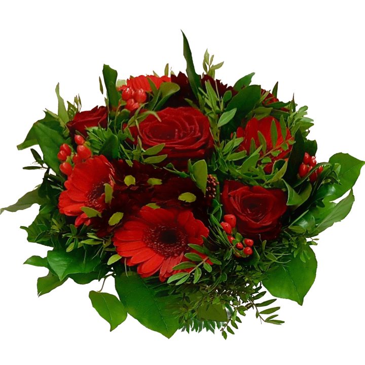 Rød buket med røderoser og andre lækre blomster